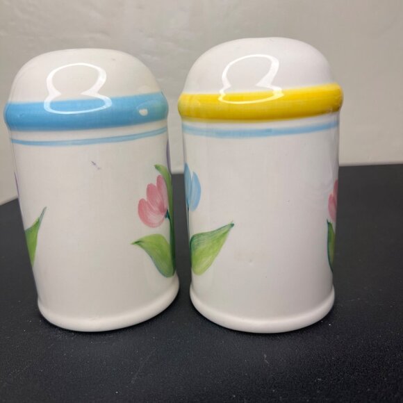 Mervyns 1998 Hand-Painted Tulip Ceramic Salt & Pepper Shakers Blue & Yellow - Picture 5 of 10